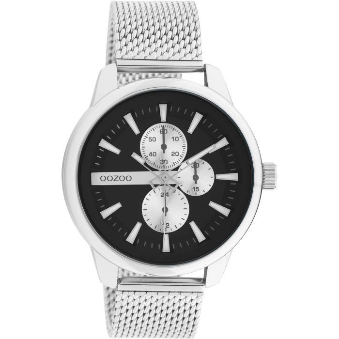 OOZOO Timpieces - Zilveren horloge met zilveren metalen mesh armband - C11016