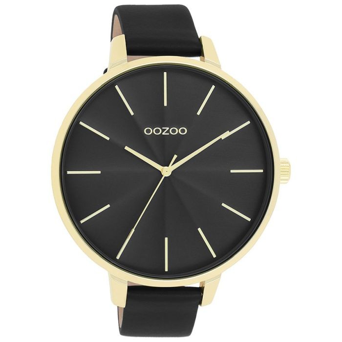 OOZOO Timepieces - Goudkleurige OOZOO horloge met zwarte leren band - C11259